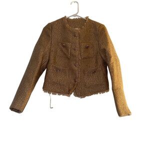 Women's Gold Cropped Jacket XS Frayed Trim‎ Long Sleeve Casual
